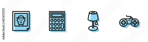 Set line Floor lamp, Photo, Calculator and Gamepad icon. Vector