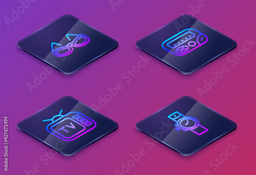 Set Isometric line Glasses, Retro tv, Pager and Wrist watch. Blue square button. Vector photo