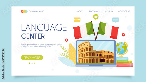 Italian language center. Online school. Landing page concept. Flat design, vector illustration.