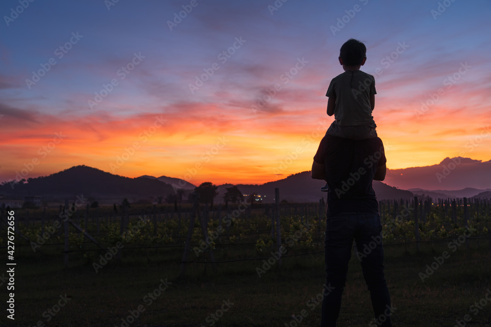 Fototapeta premium Father and son watching the sunset and the beautiful sky at twilight,silhouette concept.