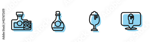 Set line Glass of beer, Whiskey bottle and glass, Bottle cognac or brandy and Alcohol bar location icon. Vector