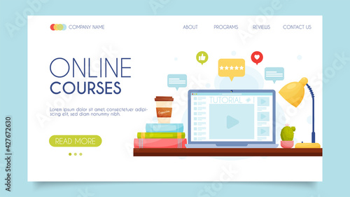 Online courses. Landing page concept. Flat design, vector illustration.