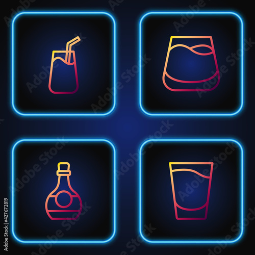 Set line Shot glass, Bottle of cognac or brandy, Cocktail and Glass whiskey. Gradient color icons. Vector