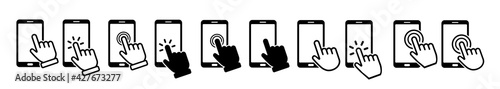 Hand touch screen smartphone icon. Click on the smartphone. Vector icon