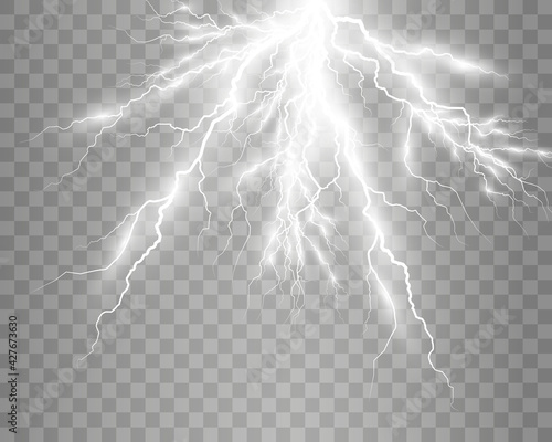 
Vector image of realistic lightning. Flash of thunder on a transparent background.