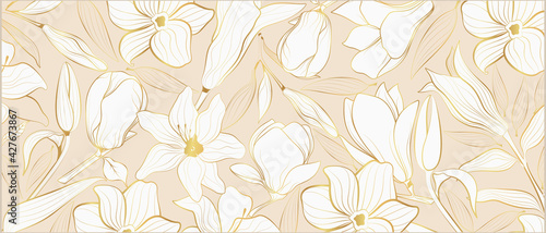 Vector background with golden plants in line art style. Golden lily flowers.