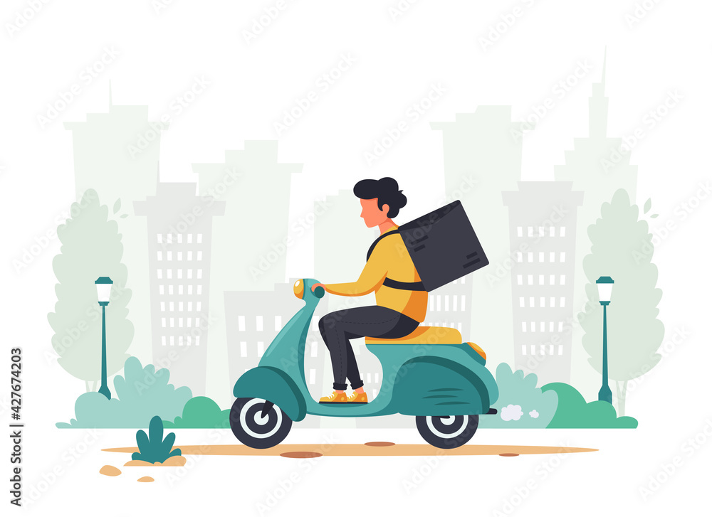 Delivery service concept. Courier character riding scooter. City background. Vector illustration Delivery service concept. Courier character riding scooter. City background. Vector illustration