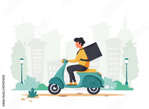 Delivery service concept. Courier character riding scooter. City background. Vector illustration