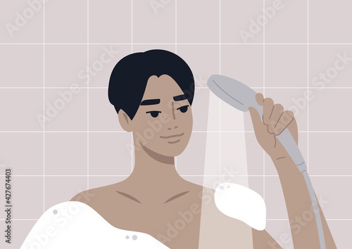 Daily routine, a young male Asian character taking a shower in the morning, soap foam and hot water
