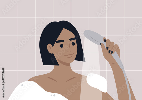 Daily routine, a young female character taking a shower in the morning, soap foam and hot water
