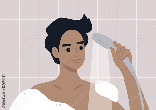 Daily routine, a young male character taking a shower in the morning, soap foam and hot water