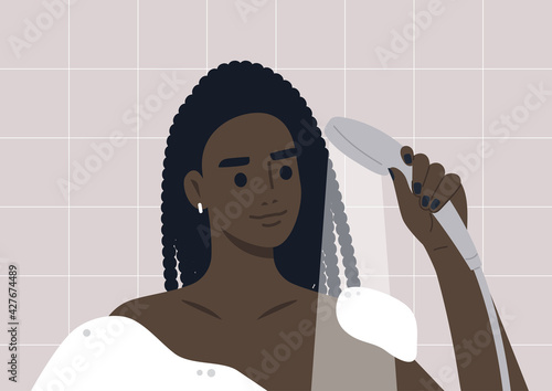 Daily routine, a young female Black character taking a shower in the morning, soap foam and hot water