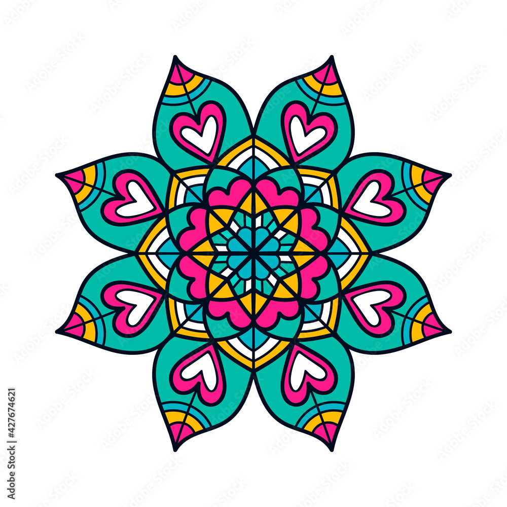 Vector hand drawn doodle mandala. Ethnic mandala with colorful ornament. Isolated on white background. Vector hand drawn doodle mandala. Ethnic mandala with colorful ornament. Isolated on white background.