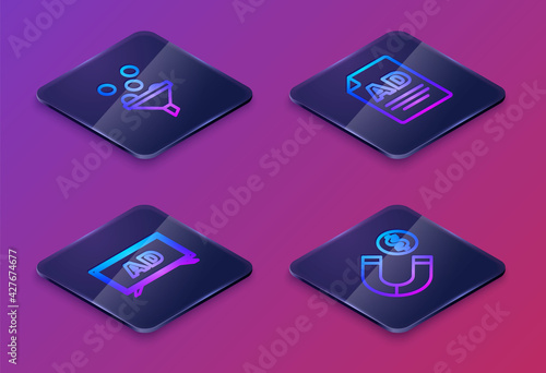 Set Isometric line Lead management, Advertising, and Magnet with money. Blue square button. Vector