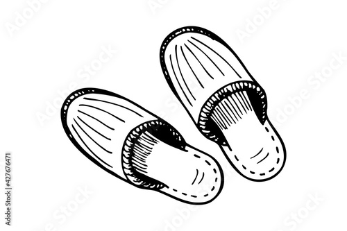 Sleeping slipper hand-drawn sketch. Home comfortable shoes pair black and white doodle. Two slippers vector isolated illustration