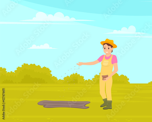 Female farmer sowing seeds for future harvest. Woman agricultural worker working on field
