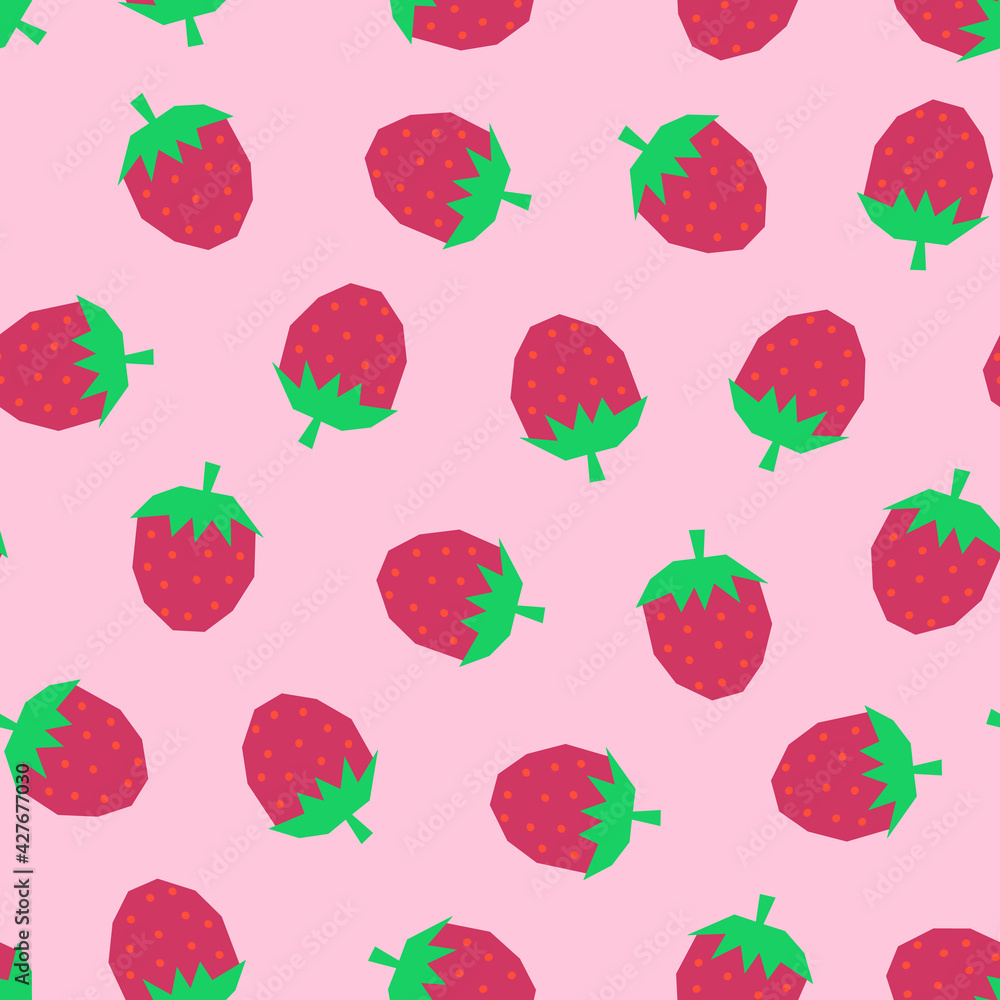 Strawberry seamless vector pattern with pink background. Strawberries repeating background. Scandinavian style cute summer fruit surface pattern design for fabric, wallpaper, packaging, kids wear.