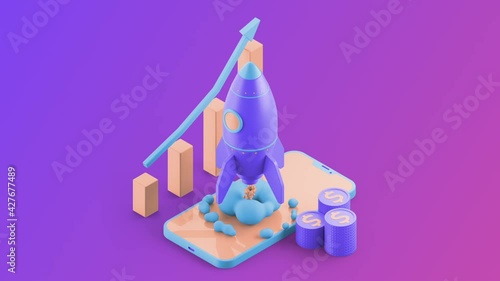 Isometric Rocket Startup. Creation of a successful business and search for sponsors and investors for the development of a startup. Can be used for video presentation, website or Landing page.