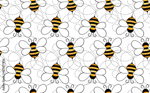 Seamless pattern with bees on white background. Small wasp. Vector illustration. Adorable cartoon character. Template design for invitation, cards, textile, fabric. Doodle style