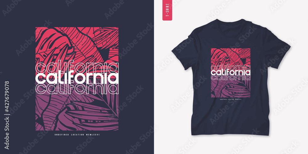 Fototapeta premium California summer graphic t-shirt design, tropical print, vector illustration