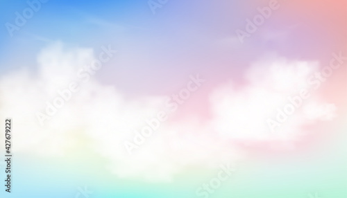 Sky Pastel Colourful in Blue, Pink, Purple, Green, Orange and Yellow with fluffy clouds in morning, Fantasy magical sunset sky on spring or summer,Vector sweet background banner for seasonal sale