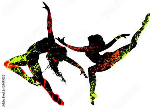 Beautiful dancers in bright multicolored splatters.