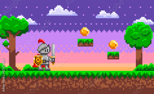 Pixel-game knight brave character. Pixelated natural landscape with warrior holding shield and sword