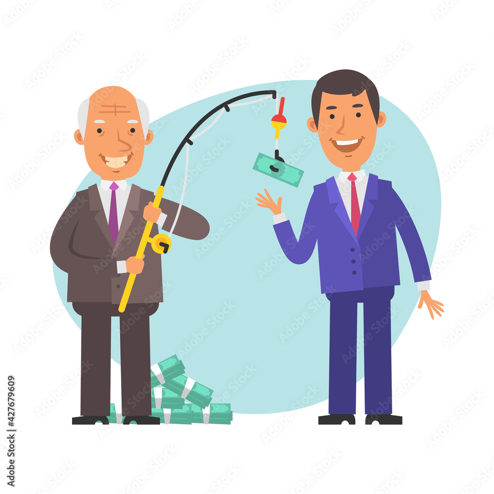 Old businessman holding fishing rod and bait money. Young businessman wants to take money. Vector characters Old businessman holding fishing rod and bait money. Young businessman wants to take money. Vector characters