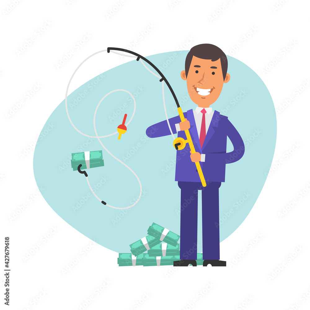 Young businessman caught wad of money on fishing rod. Vector characters Young businessman caught wad of money on fishing rod. Vector characters