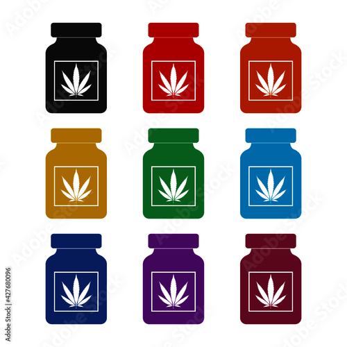 Medical bottle with marijuana or cannabis leaf icon isolated on white background color set