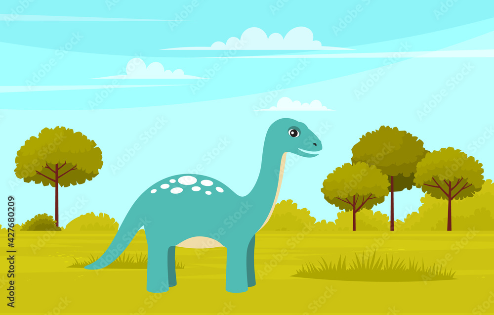 Fototapeta premium Little Dragon yellow cute cartoon character. Funny ancient animal in green meadow flat vector icon