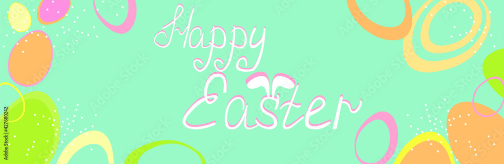 happy easter banner poster greeting eggs written text on blue background