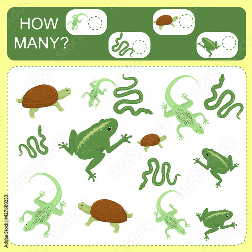 Educational counting math game for preschool children on the theme of reptiles. Count the number of lizards, turtles, chameleons and snakes in the picture and record the result