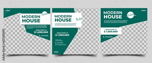 House and Building promotion social media post. Modern promotion banner with a green background color. Usable for social media, flyers, banners, and website. Vector design with place for the photo.