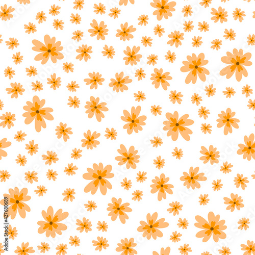 Vector floral pattern in doodle style with flowers and leaves. Gentle, spring floral background.