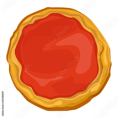Ready-made pizza dough with tomato sauce about picking pizza. Baked baked dough for collecting pizza preparation with ketchup, vector cartoon