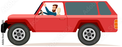 Happy young man driving red car. Male character in transport isolated on white background