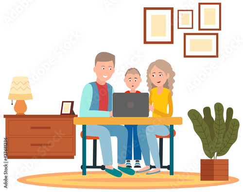 Dad mom and son sitting together near table with computer. Parents teach boy to work on laptop
