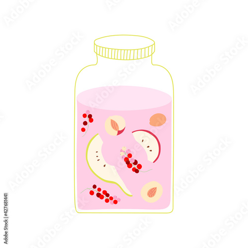 Compote with fruits and berries. Jar with compote. Apple, pear, peach slices, apricot, red currant. Vector isolated illustration.