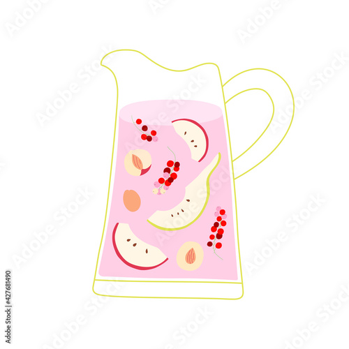 Compote with fruits and berries. Jug with compote. Apple, pear, peach slices, apricot, red currant. Vector isolated illustration.