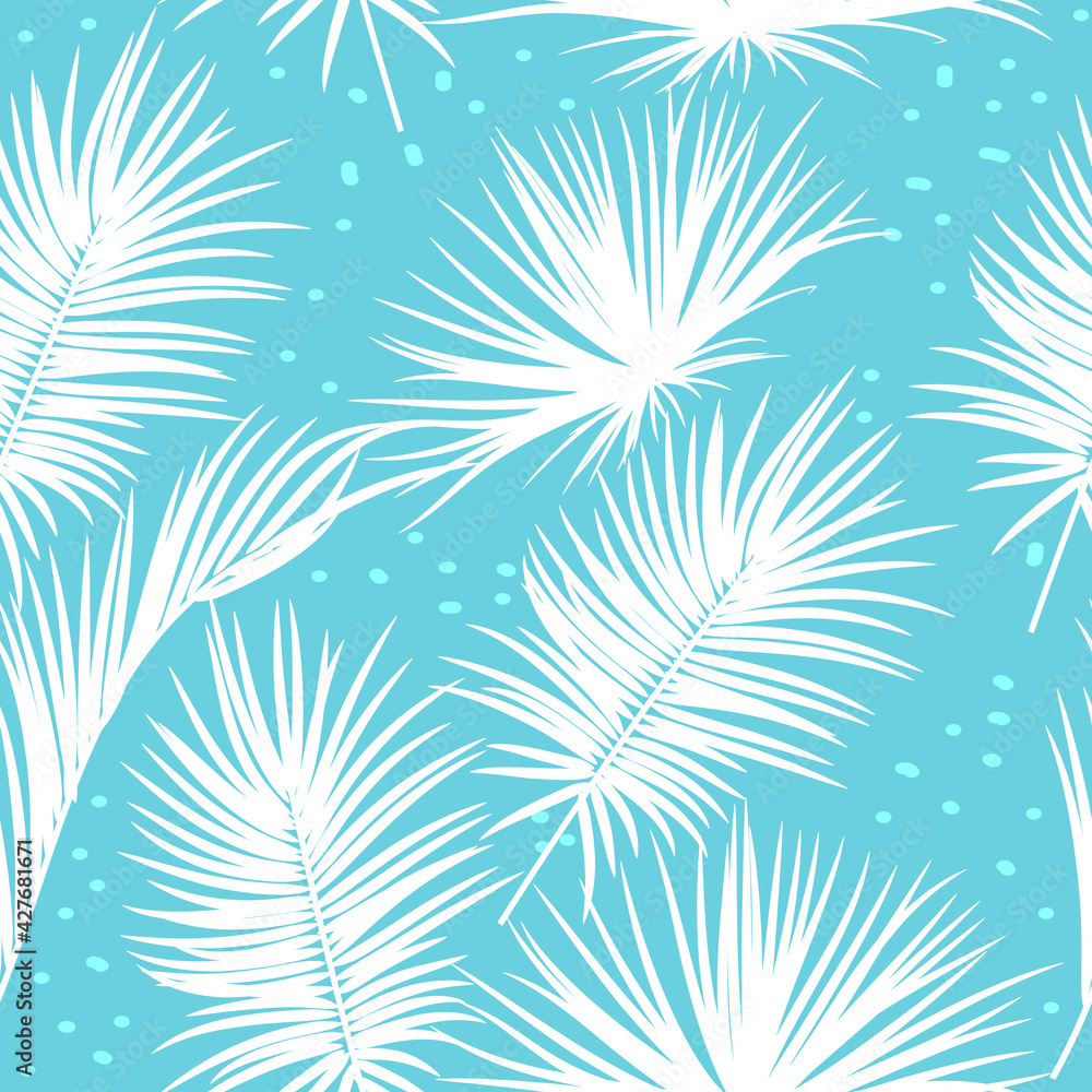 Blue vector tropical seamless pattern with leaves of palm tree and flowers. Blue vector tropical seamless pattern with leaves of palm tree and flowers.