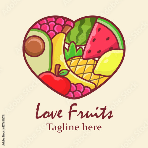 Love Fruit Logo Cartoon. Vector Icon Illustration, Isolated on Premium Vector