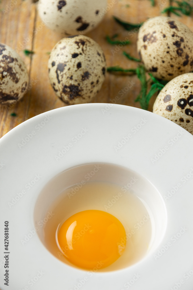 Close-up of quail egg yolk in white plate on wooden table with more eggs, selective focus, vertical Close-up of quail egg yolk in white plate on wooden table with more eggs, selective focus, vertical