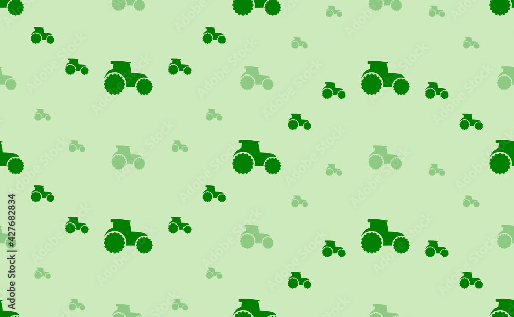 Seamless pattern of large and small green tractor symbols. The elements are arranged in a wavy. Vector illustration on light green background Seamless pattern of large and small green tractor symbols. The elements are arranged in a wavy. Vector illustration on light green background