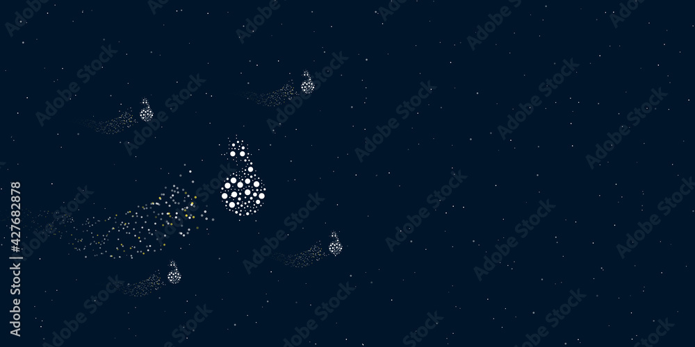 A bomb symbol filled with dots flies through the stars leaving a trail behind. Four small symbols around. Empty space for text on the right. Vector illustration on dark blue background with stars A bomb symbol filled with dots flies through the stars leaving a trail behind. Four small symbols around. Empty space for text on the right. Vector illustration on dark blue background with stars