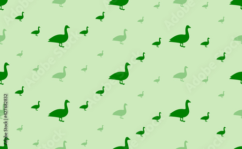 Seamless pattern of large and small green goose symbols. The elements are arranged in a wavy. Vector illustration on light green background