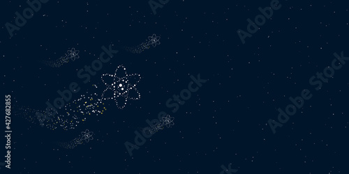 A atomic symbol filled with dots flies through the stars leaving a trail behind. Four small symbols around. Empty space for text on the right. Vector illustration on dark blue background with stars