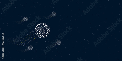 A basketball symbol filled with dots flies through the stars leaving a trail behind. There are four small symbols around. Vector illustration on dark blue background with stars