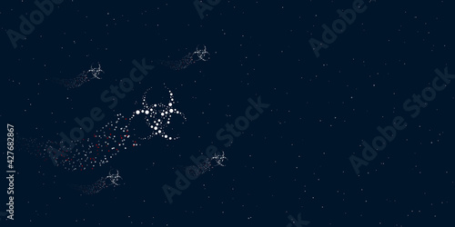 A biohazard symbol filled with dots flies through the stars leaving a trail behind. Four small symbols around. Empty space for text on the right. Vector illustration on dark blue background with stars