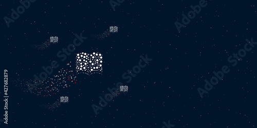 A book symbol filled with dots flies through the stars leaving a trail behind. Four small symbols around. Empty space for text on the right. Vector illustration on dark blue background with stars